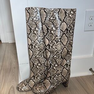 Zara Snake Print Knee-High Heeled Boots in Beige and Black